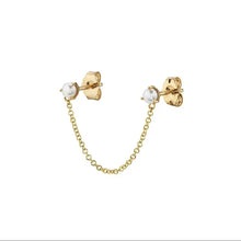 Load image into Gallery viewer, Close-up of the small pearls set in the chained double stud earring - Let's Jam jewellery, Camden Town London