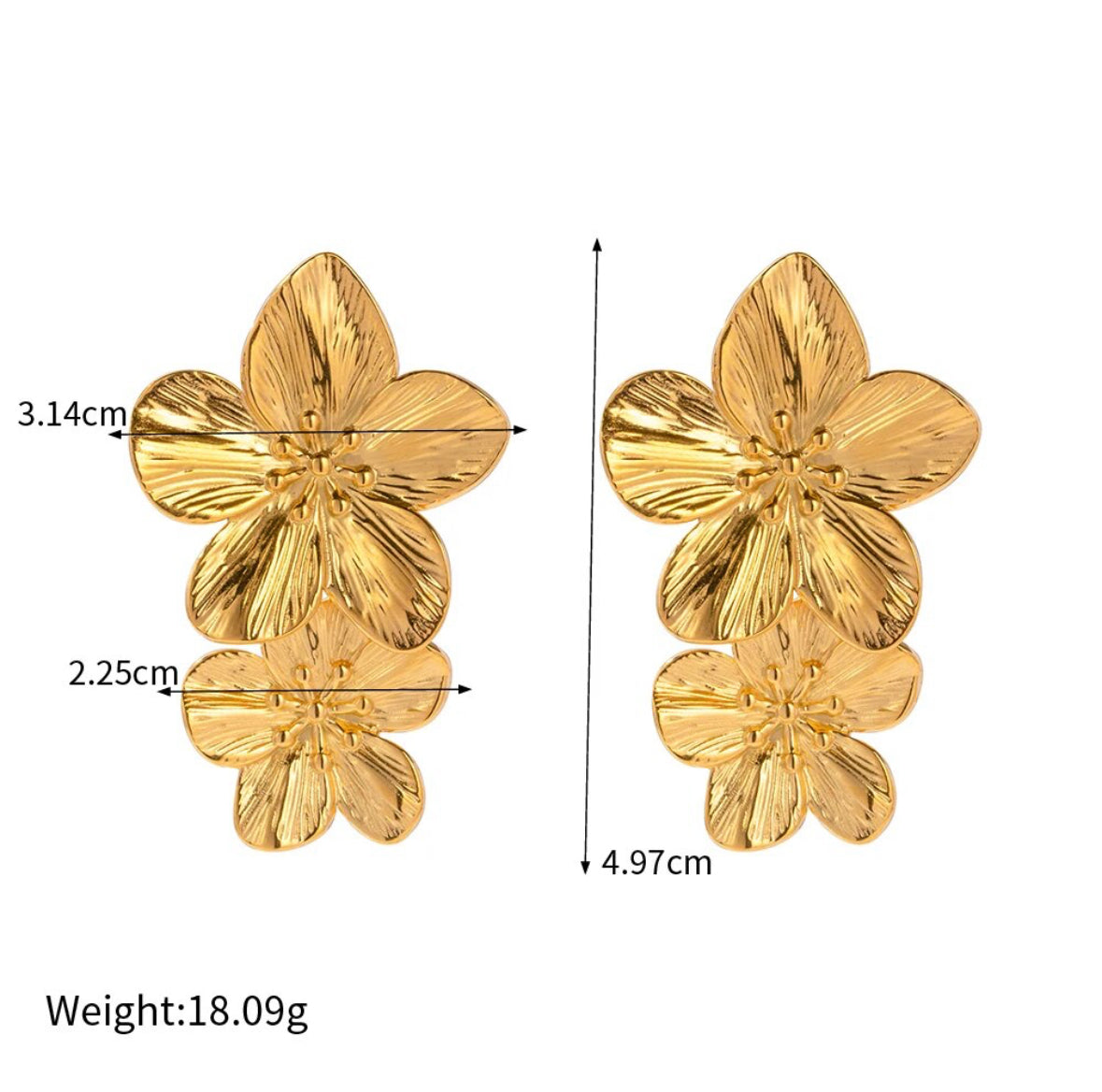Close-up of the layered double flower stud earring in gold-plated steel - Let's Jam jewellery, Camden Market, London