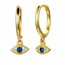 Load image into Gallery viewer, Detail of the crystal-set hoop earring and its little eye charm - Let's Jam jewellery, Camden Market