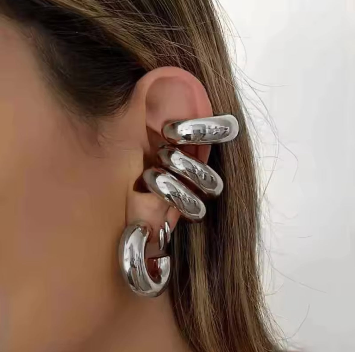 Silver hoop earring and cuff set shown from behind the ear - Let's Jam jewellery, Camden Market, London