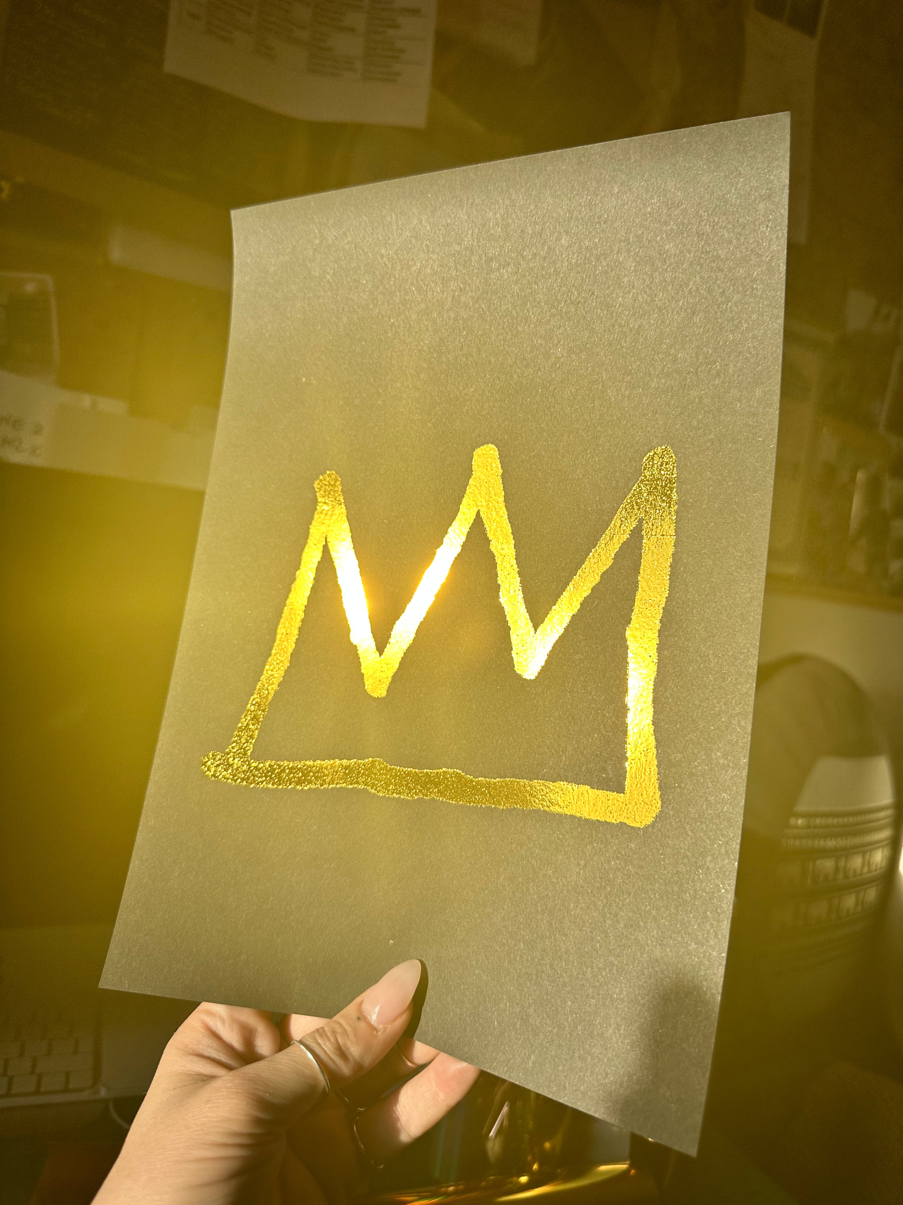 Gold crown illustration poster on black A4 paper, a homage to Basquiat - Let's Jam art prints, Camden Market