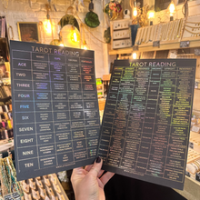Load image into Gallery viewer, Hand holding a black holographic rainbow tarot reading chart poster with gold and colourful text, shown in a boho shop setting - Let's Jam print collection
