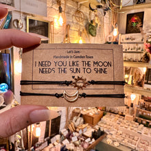Load image into Gallery viewer, Matching cord bracelets on their I need you to the moon and back gift card - Let's Jam jewellery, Camden Market