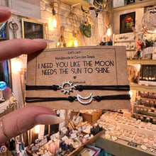 Load image into Gallery viewer, Adjustable waxed cotton cord bracelet with a moon charm, worn on the wrist - Let's Jam, Camden Town London