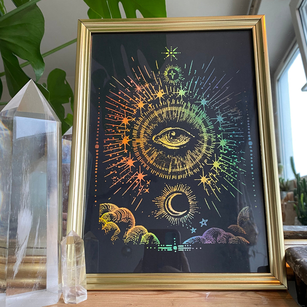 Framed black art print with a glowing eye, stars and moon beside crystal points - Let's Jam best sellers, Camden Town London
