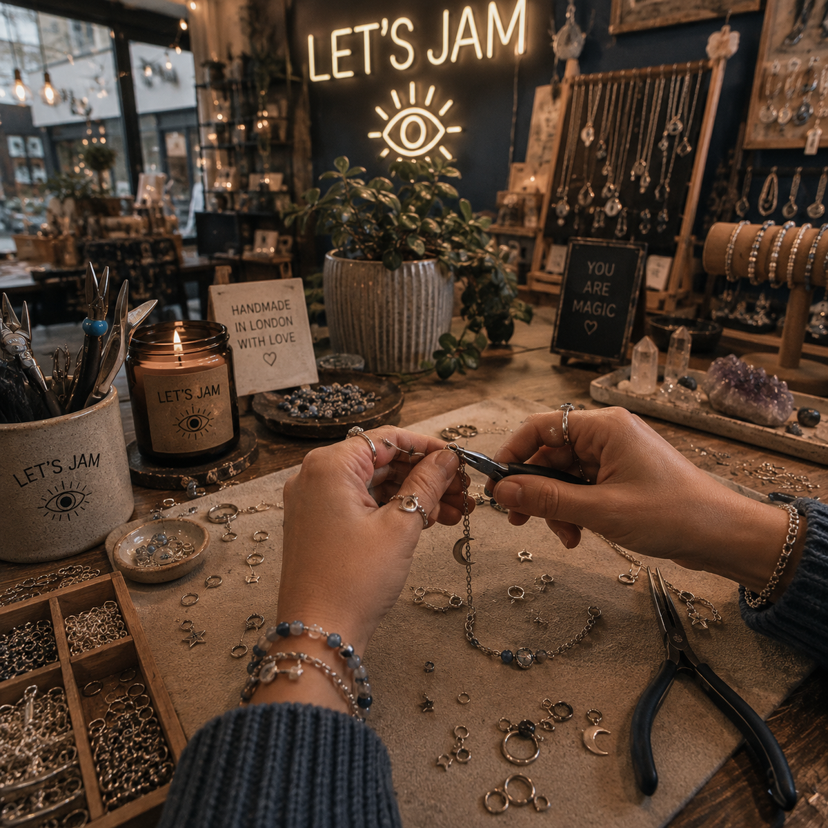 Hands making a piece of jewellery at the workbench in the shop - Let's Jam, Camden Market