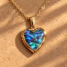 Load image into Gallery viewer, Gold heart locket set with blue and green abalone shell - Let's Jam, Camden Market London