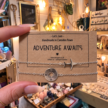 Load image into Gallery viewer, Plane and compass charm bracelets in gold and silver, set of 2 - Let's Jam jewellery, Camden Town