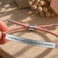 Load image into Gallery viewer, Pink cord bracelet with a silver engraved plate and sliding beads - Let's Jam jewellery, Camden Town