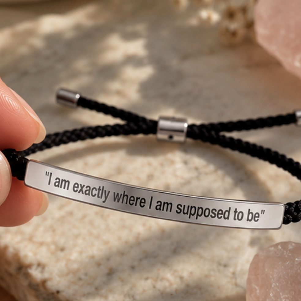 Black cord bracelet with a silver engraved plate, shown beside pink crystals - Let's Jam, Camden Town