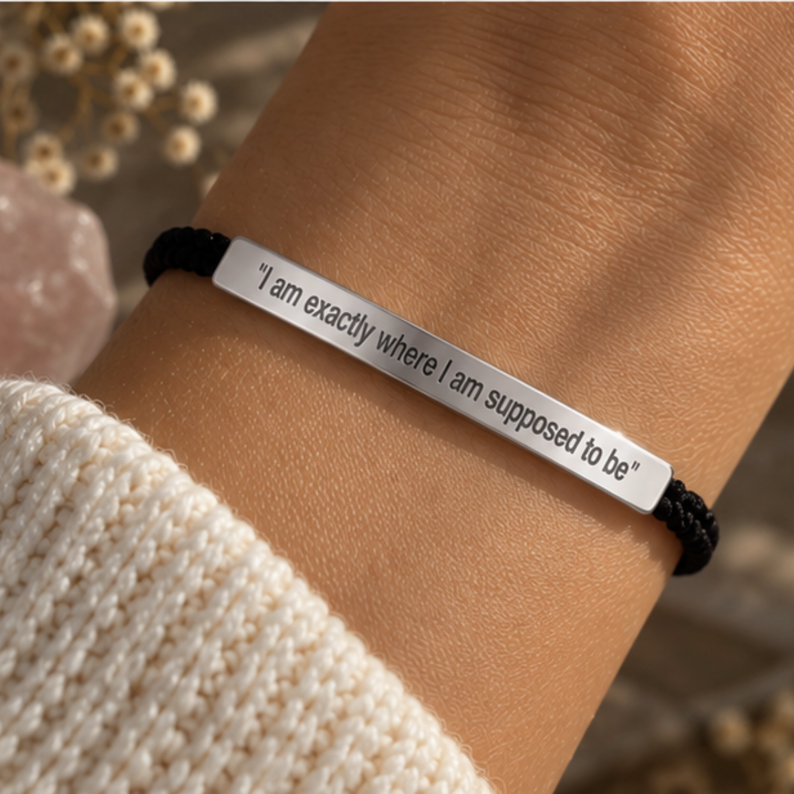 Silver engraved plate bracelet fastened on a wrist - Let's Jam, Camden Town London