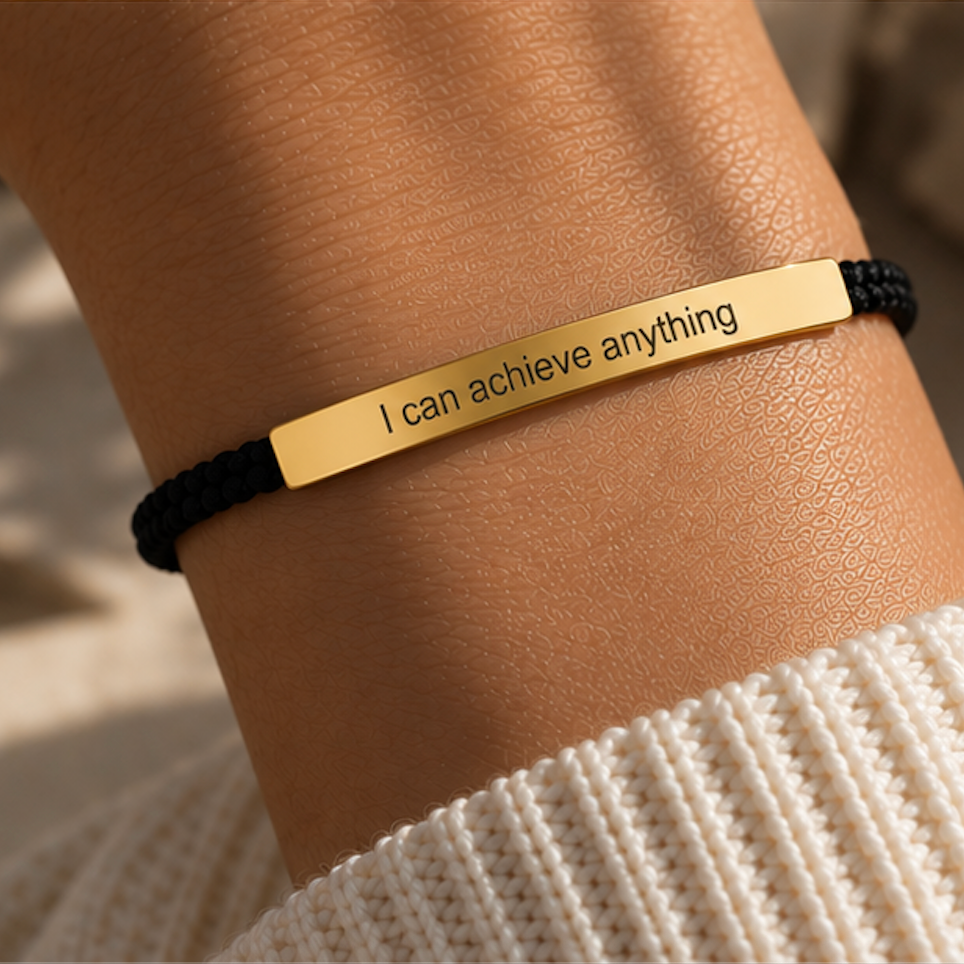 Black cord bracelet with a polished gold engraved bar on the wrist - Let's Jam, Camden Market