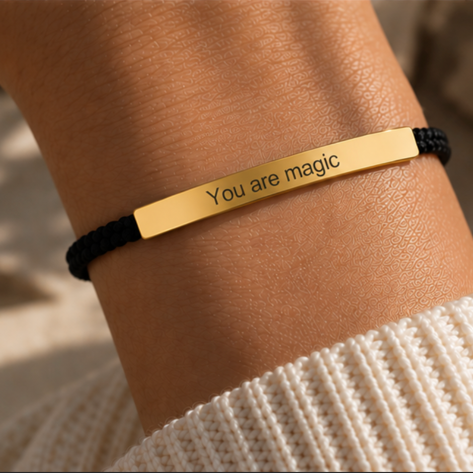 Black braided cord bracelet with a polished gold You Are Magic bar - Let's Jam, Camden Market