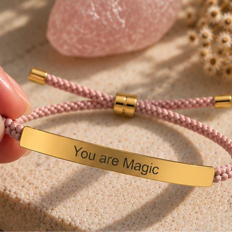 Pink braided bracelet with a gold You Are Magic plate and sliding fastenings - Let's Jam, Camden Town London