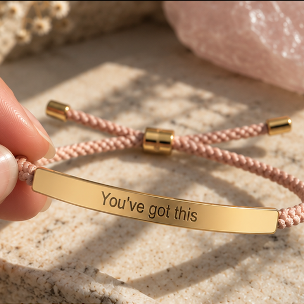 Pink cord bracelet with a gold You've Got This bar beside a crystal - Let's Jam jewellery, Camden Market, London