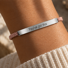 Load image into Gallery viewer, Silver You've Got This bar with a pink braided cord, worn with a jumper - Let's Jam jewellery, Camden Town London