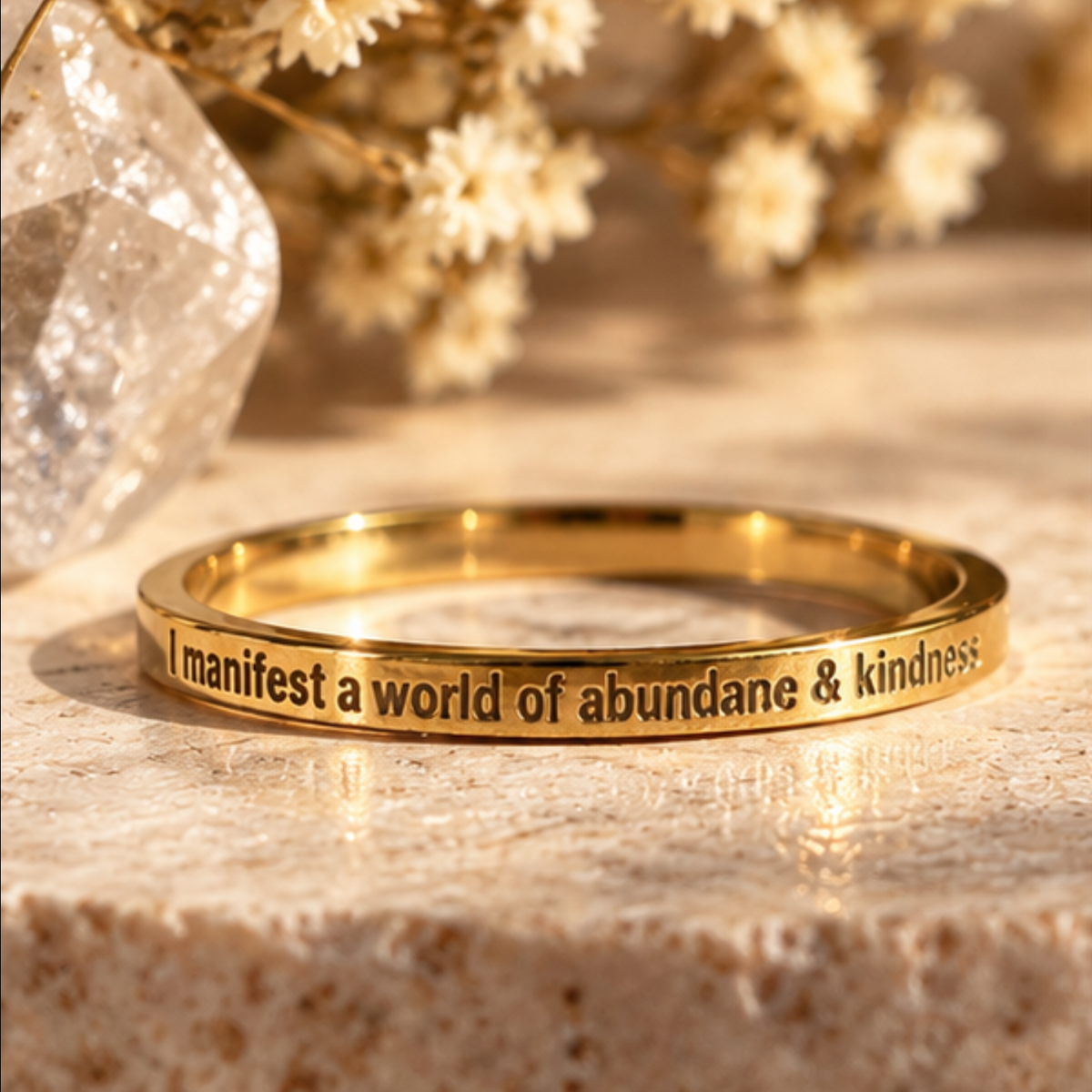 Gold affirmation ring engraved 'I manifest a world of abundance & kindness' - Let's Jam, Camden Market London