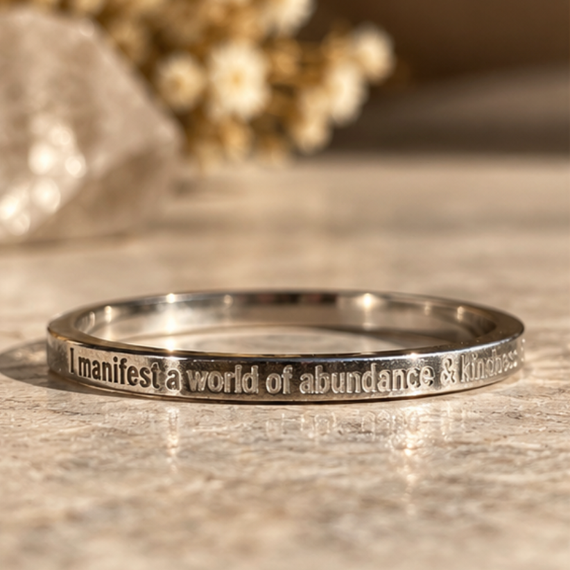 Silver affirmation ring engraved 'I manifest a world of abundance & kindness' - Let's Jam, Camden Market London