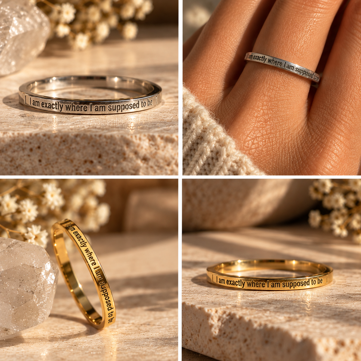 Four views of the 'I am exactly where I am supposed to be' affirmation ring in silver and gold - Let's Jam, Camden Market