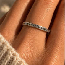 Load image into Gallery viewer, Hand wearing the silver 'I am exactly where I am supposed to be' affirmation ring - Let's Jam jewellery, Camden Market
