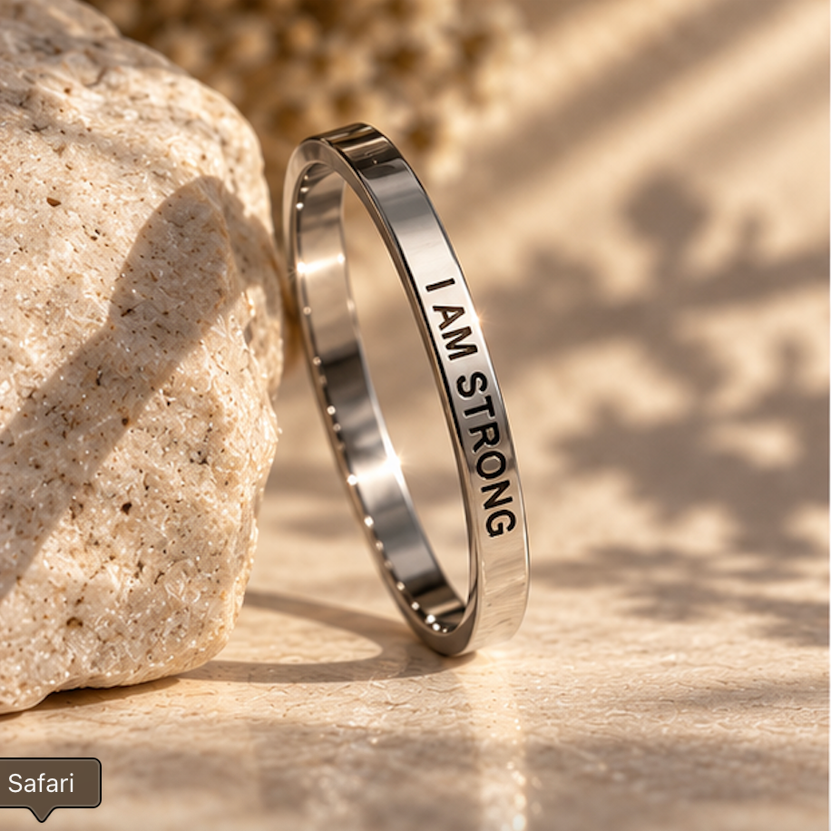 Silver 'I am strong' ring leaning on a stone in warm sunlight - Let's Jam, Camden Town London