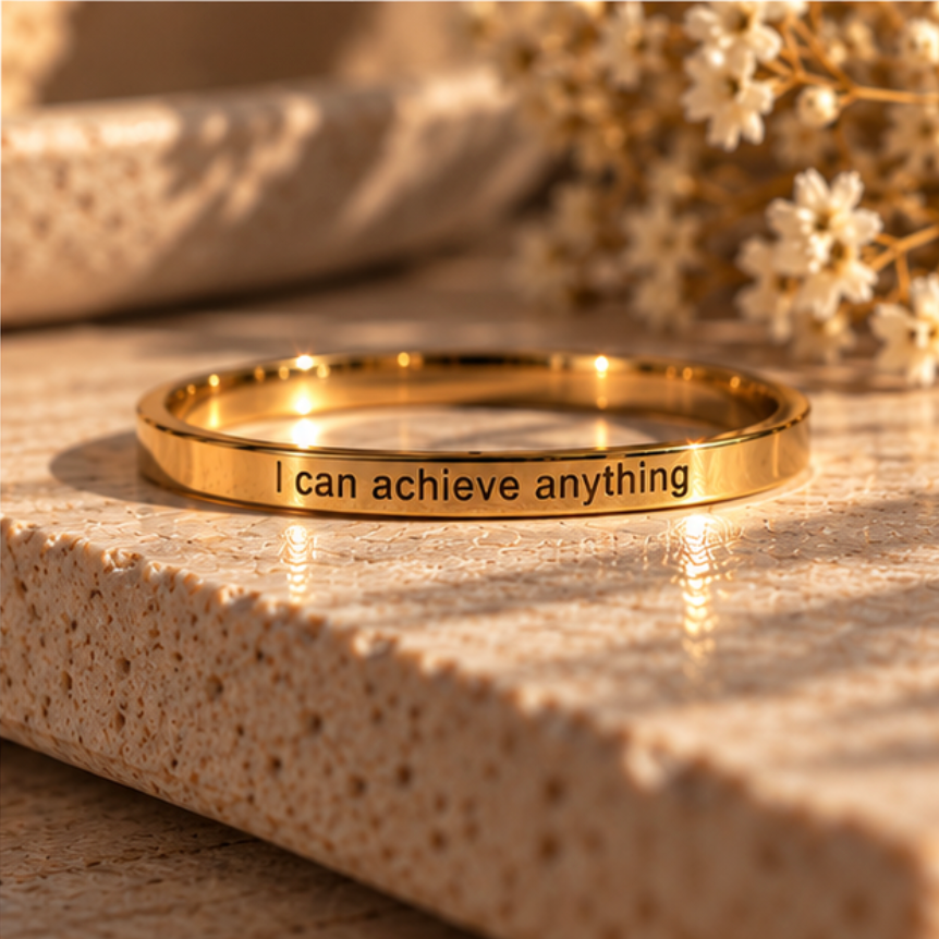 Gold affirmation ring engraved 'I can achieve anything' on a stone slab - Let's Jam jewellery, Camden Market