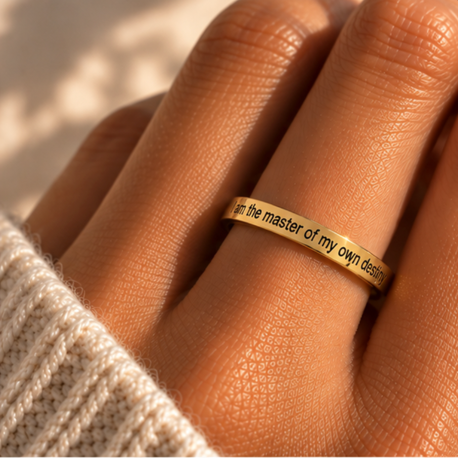 Hand wearing the gold 'I am the master of my own destiny' affirmation ring - Let's Jam jewellery, Camden Market