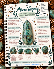 Load image into Gallery viewer, African turquoise crystal meaning infographic, the stone of evolution, change & new opportunities - Let's Jam, Camden Market London