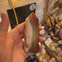 Load image into Gallery viewer, Agate crystal tower held in the hand to show its size - Let's Jam, Camden Market