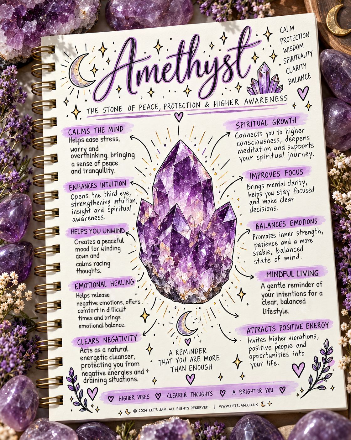 Amethyst crystal meaning infographic, the stone of peace, protection & higher awareness - Let's Jam, Camden Market, London
