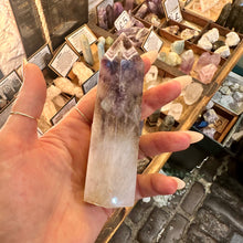 Load image into Gallery viewer, Side view of the white based amethyst tower showing its full height - Let's Jam, Camden Town
