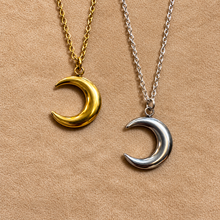 Load image into Gallery viewer, Gold and silver crescent moon pendants side by side - Let's Jam jewellery, Camden Market, London