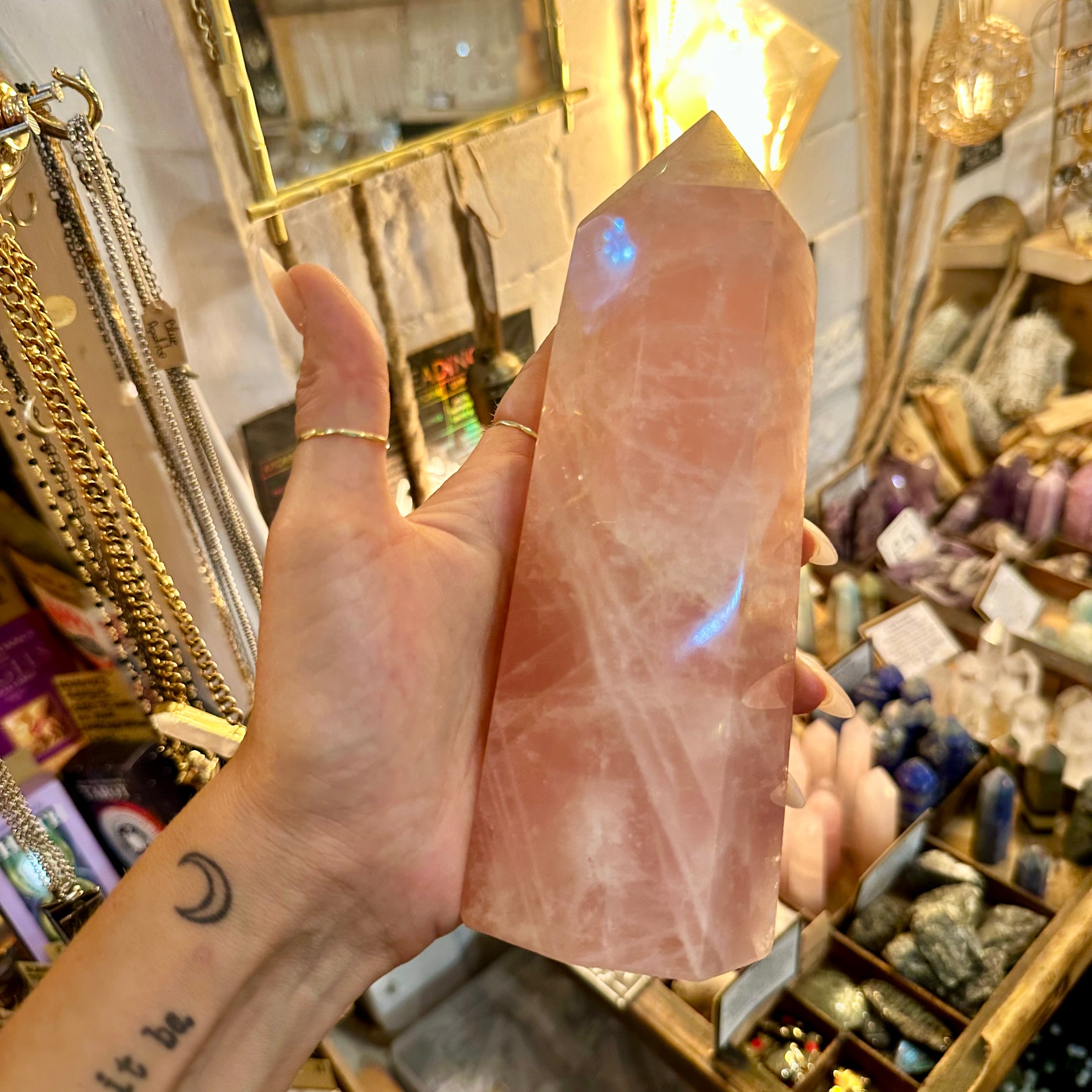 Side view of the big rose quartz point showing its full height - Let's Jam, Camden Town