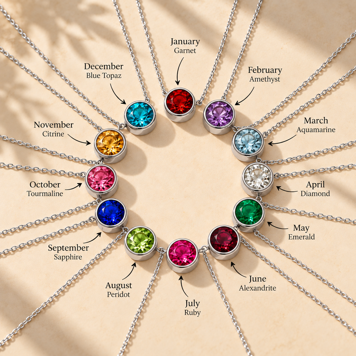 Silver birthstone necklaces for all 12 months, January Garnet to December Blue Topaz - Let's Jam, Camden Town