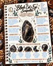 Load image into Gallery viewer, Black cat's eye scapolite crystal meaning infographic, the stone of clarity, protection & inner vision - Let's Jam, Camden Town