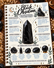 Load image into Gallery viewer, Black obsidian crystal meaning infographic, the stone of protection, truth & inner strength - Let's Jam, Camden Market, London