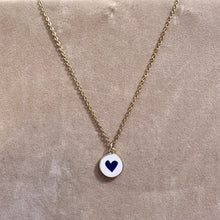 Load image into Gallery viewer, Hand painted dark blue heart ceramic pendant on a gold chain - Let's Jam, Camden Market