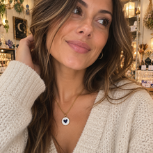 Load image into Gallery viewer, Dark blue heart ceramic necklace worn with a cream jumper - Let's Jam, Camden Town London