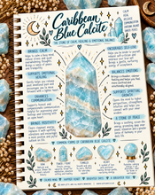 Load image into Gallery viewer, Caribbean blue calcite crystal meaning infographic, the stone of calm, healing & emotional balance - Let's Jam, Camden Market, London