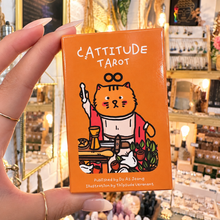 Load image into Gallery viewer, Back of the Cattitude Tarot box with its credits - Let's Jam, Camden Market, London