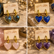 Load image into Gallery viewer, Crystal heart earrings in all four colours, labradorite, lapis lazuli, rose quartz and amethyst - Let's Jam, Camden Market, London