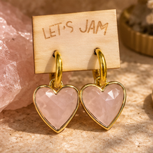 Load image into Gallery viewer, Pale pink rose quartz crystal heart earrings on a Let's Jam card - Let's Jam, Camden Market London