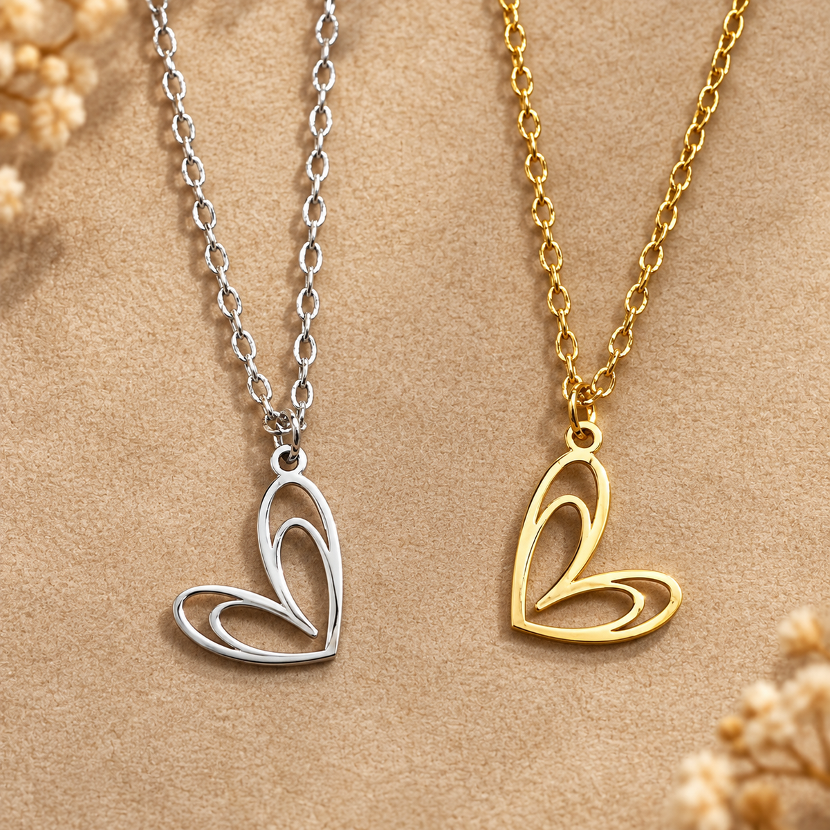 Gold and silver open double heart pendants side by side - Let's Jam, Camden Town London