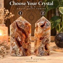 Load image into Gallery viewer, Pair of polished druzy agate crystal towers standing side by side - Let's Jam, Camden Market