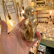 Load image into Gallery viewer, Both druzy agate towers photographed together on the shop counter - Let's Jam, Camden Market London