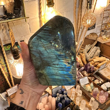 Load image into Gallery viewer, Close detail of the dark inclusions under the labradorite flash - Let's Jam, Camden Market London