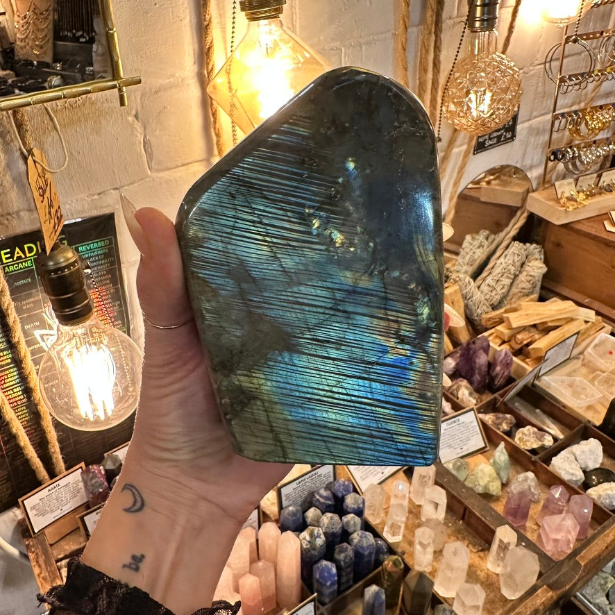 Labradorite freeform lighting up electric blue and gold in the light - Let's Jam, Camden Town