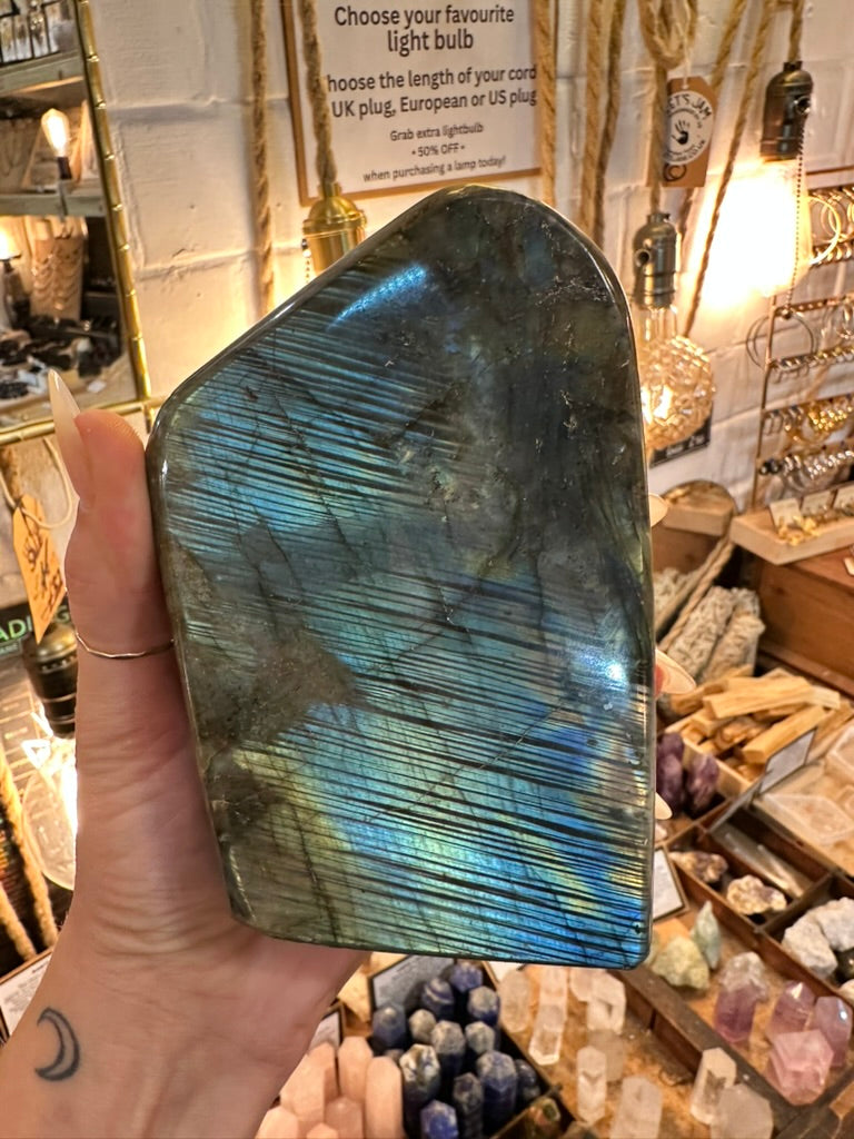 Polished labradorite freeform turned to catch the blue flash across its face - Let's Jam, Camden Market