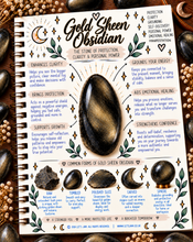 Load image into Gallery viewer, Gold sheen obsidian crystal meaning infographic, the stone of protection, clarity & personal power - Let's Jam, Camden Market London