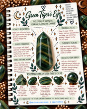 Load image into Gallery viewer, Green tiger's eye crystal meaning infographic, the stone of growth, courage & positive change - Let's Jam, Camden Market London